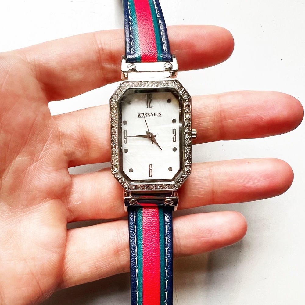 Women’s Kessaris rhinestone & preppy striped leather watch